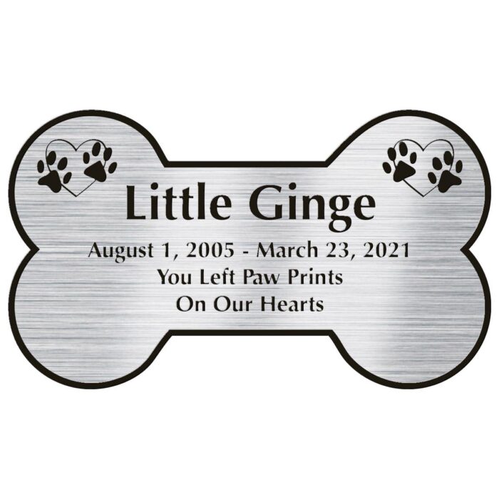 Engraved acrylic memorial urn plate, silver finish, bone shape, block font