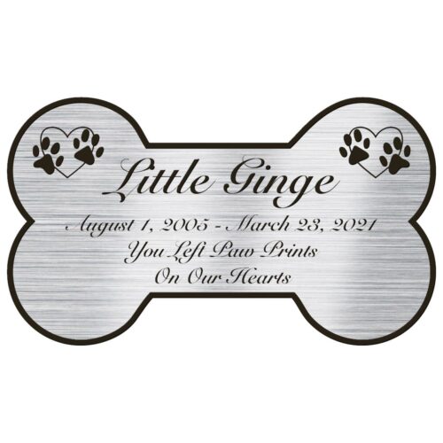 Engraved acrylic memorial urn plate, silver finish, bone shape, script font