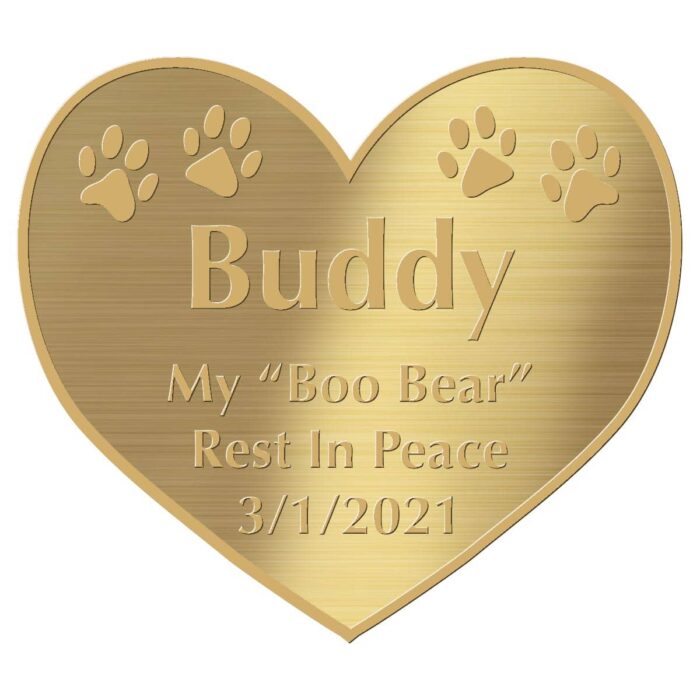 Engraved acrylic memorial urn plate, brass finish, heart shape, gold text, block font