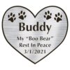 Engraved acrylic memorial urn plate, silver finish, heart shape, block font