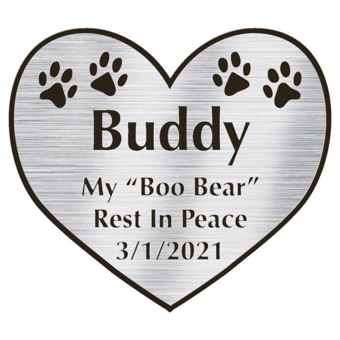 Engraved acrylic memorial urn plate, silver finish, heart shape, block font