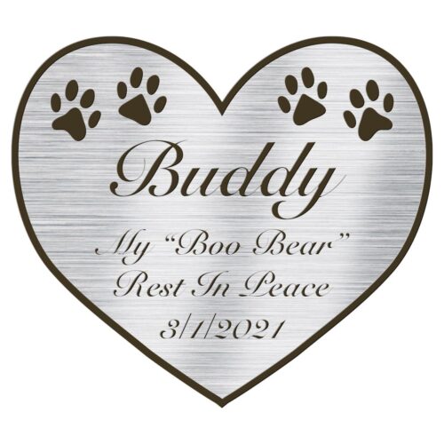 Engraved acrylic memorial urn plate, silver finish, heart shape, script font