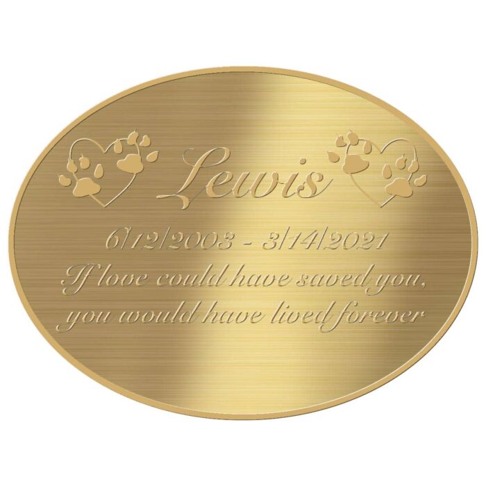 Engraved acrylic memorial urn plate, brass finish, oval shape, gold text, script font