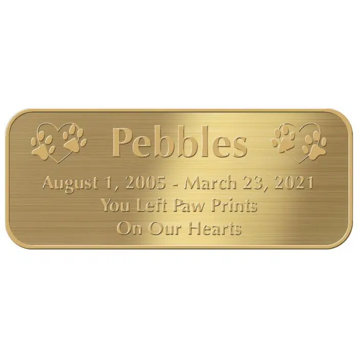 Engraved acrylic memorial urn plate, brass finish, rectangular shape, rounded corners, block font