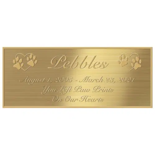 Engraved acrylic memorial urn plate, silver finish, rectangular shape, gold text, script font