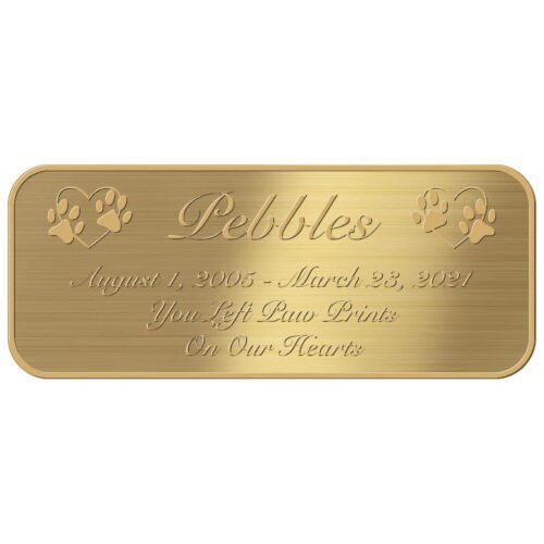 Engraved acrylic memorial urn plate, brass finish, rectangular shape, rounded corners, script font