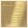 Engraved acrylic memorial urn plate, brass finish, square shape, gold text, block font