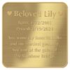 Engraved acrylic memorial urn plate, brass finish, square shape, rounded corners, gold text, block font