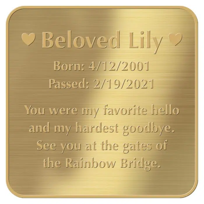 Engraved acrylic memorial urn plate, brass finish, square shape, rounded corners, gold text, block font