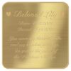 Engraved acrylic memorial urn plate, brass finish, square shape, rounded corners, gold text, script font