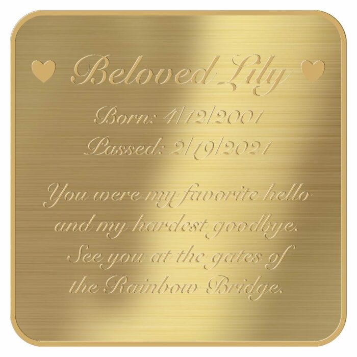 Engraved acrylic memorial urn plate, brass finish, square shape, rounded corners, gold text, script font