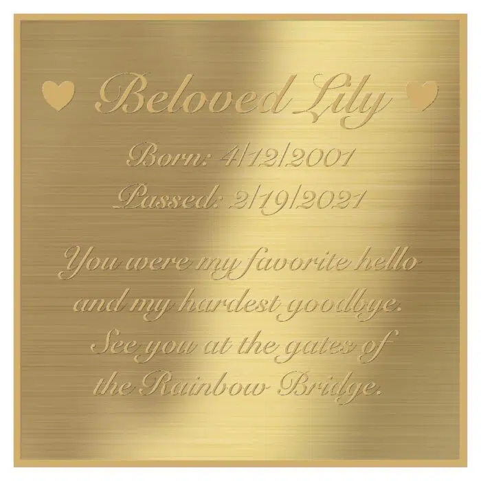 Engraved acrylic memorial urn plate, brass finish, square shape, gold text, script font