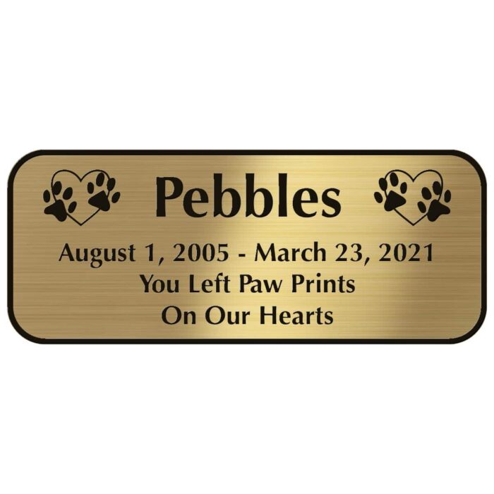 Engraved acrylic memorial urn plate, brass finish, rectangular shape, rounded corners, block font