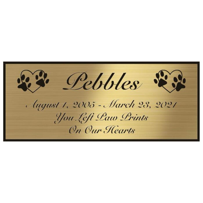 Engraved acrylic memorial urn plate, brass finish, rectangular shape, script font