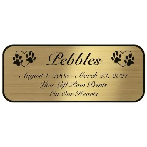 Engraved acrylic memorial urn plate, brass finish, rectangular shape, script font