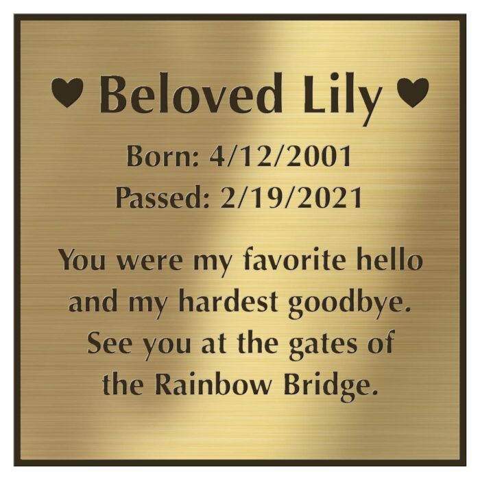 Engraved acrylic memorial urn plate, brass finish, square shape, block font