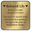 Engraved acrylic memorial urn plate, brass finish, square shape, rounded corners, block font