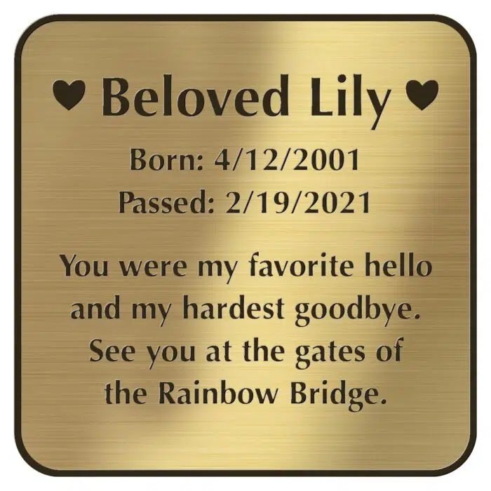 Engraved acrylic memorial urn plate, brass finish, square shape, rounded corners, block font