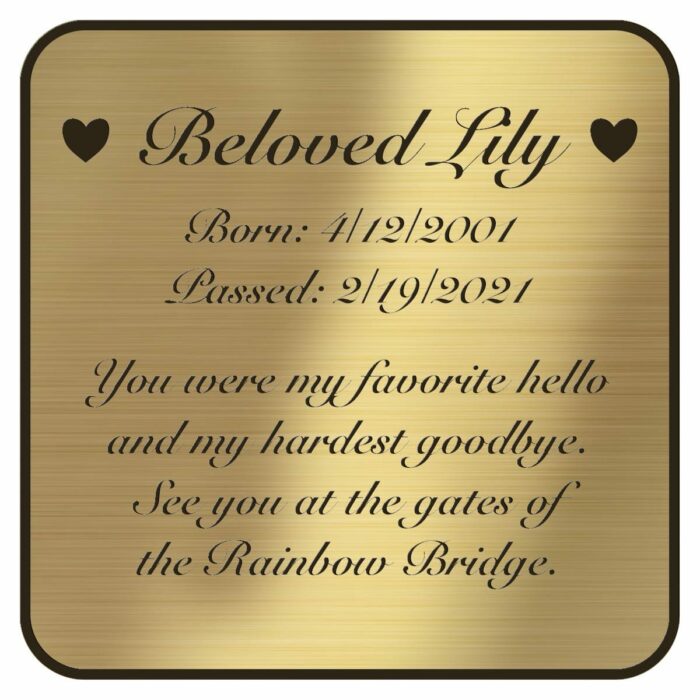 Engraved acrylic memorial urn plate, brass finish, square shape, rounded corners, script font