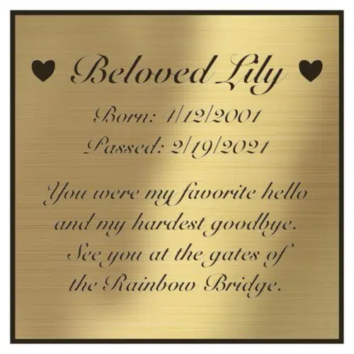 Engraved acrylic memorial urn plate, brass finish, square shape, script font