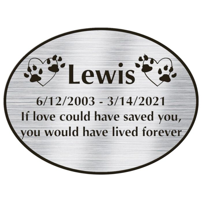 Engraved acrylic memorial urn plate, silver finish, oval shape, block font