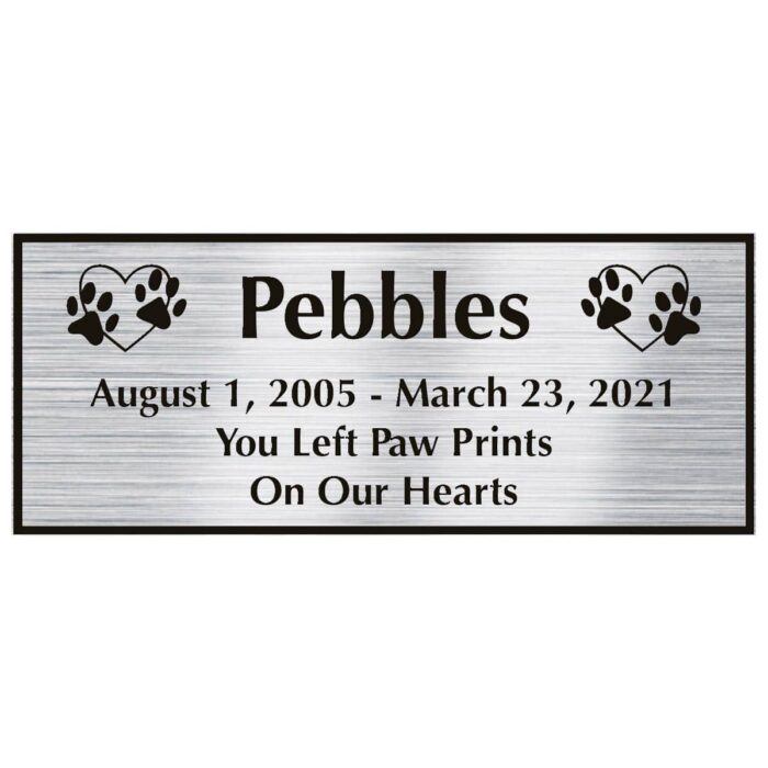 Engraved acrylic memorial urn plate, silver finish, rectangular shape, block font