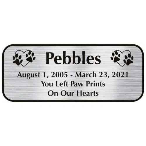 Engraved acrylic memorial urn plate, silver finish, rectangular shape, rounded corners, block font