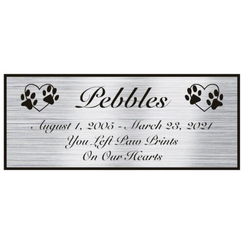 Engraved acrylic memorial urn plate, silver finish, rectangular shape, script font