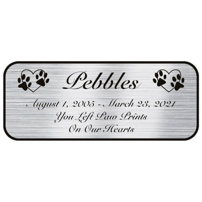 Engraved acrylic memorial urn plate, silver finish, rectangular shape, rounded corners, script font