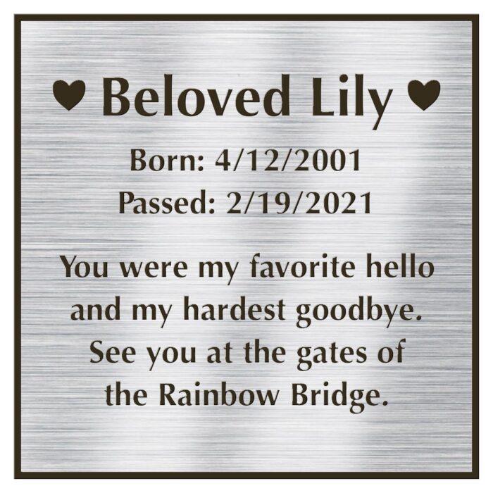 Engraved acrylic memorial urn plate, silver finish, square shape, block font