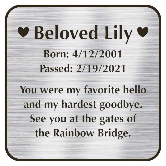 Engraved acrylic memorial urn plate, silver finish, square shape, rounded corners, block font