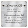 Engraved acrylic memorial urn plate, silver finish, square shape, rounded corners, script font