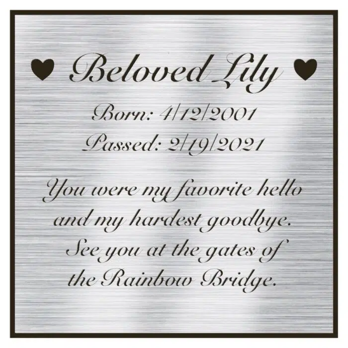 Engraved acrylic memorial urn plate, silver finish, square shape, script font