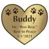 Engraved acrylic memorial urn plate, brass finish, heart shape, block font