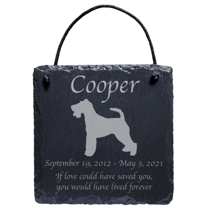 Engraved silhouette memorial slate plaque, cord, Fox Terrier 1