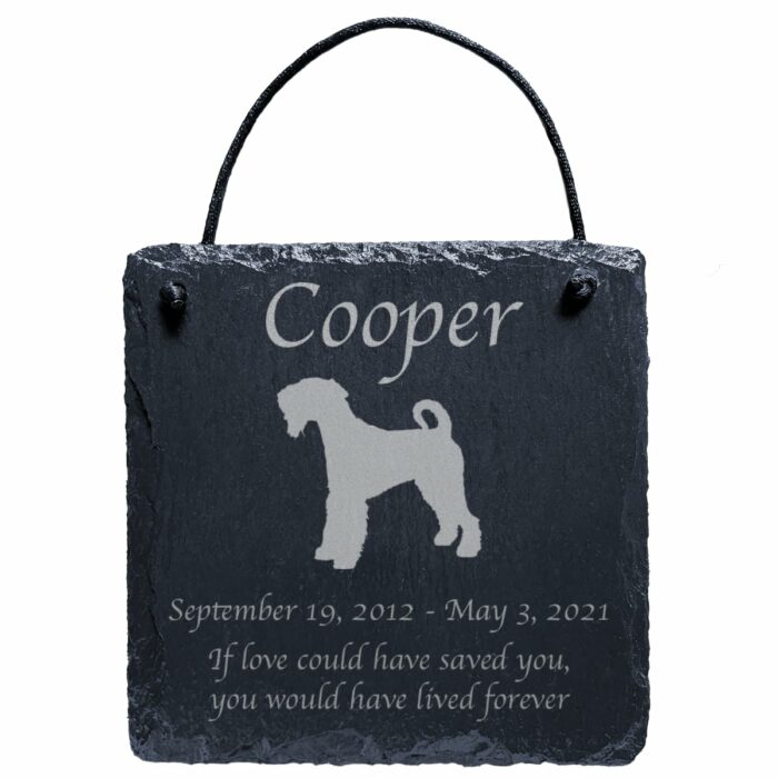 Engraved silhouette memorial slate plaque, cord, Airedale 2