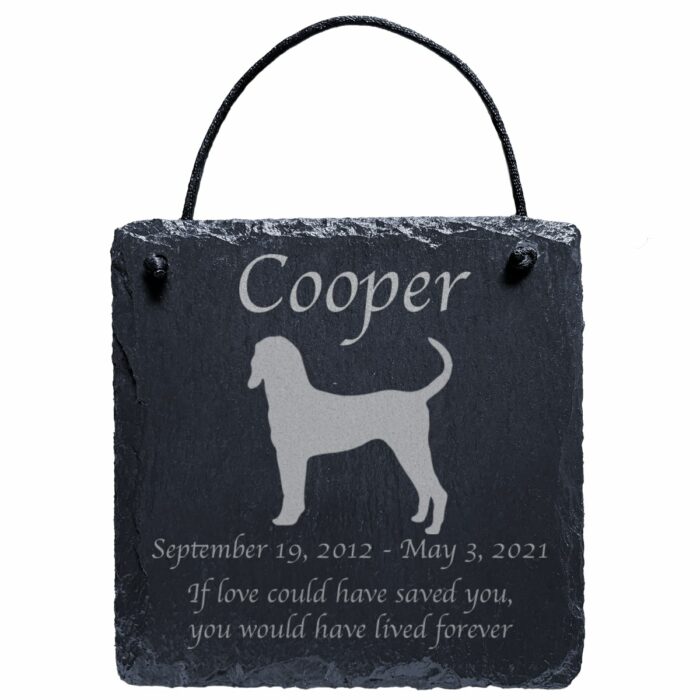 Engraved silhouette memorial slate plaque, cord, Bluetick Coonhound 1