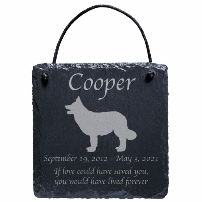 Engraved silhouette memorial slate plaque, Border Collie 1, cord