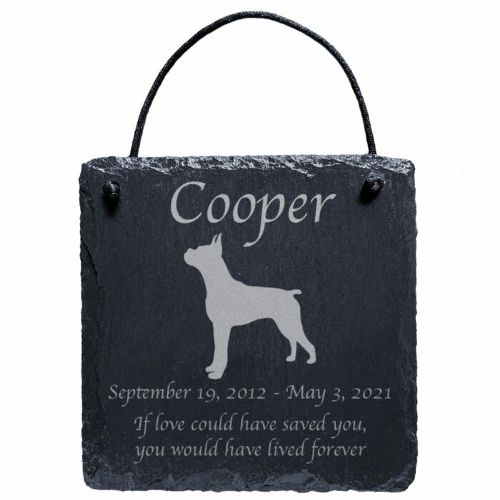 Engraved silhouette memorial slate plaque, Boxer 1, cord