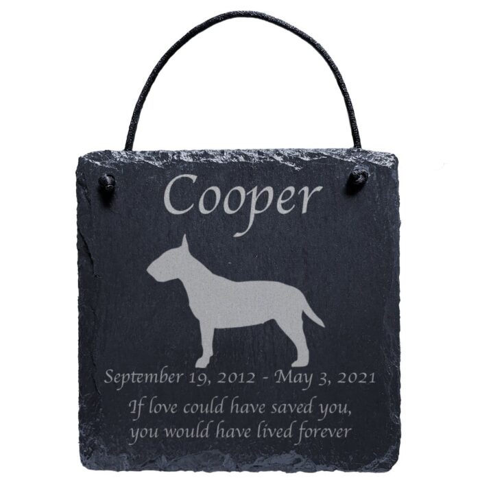 Engraved silhouette memorial slate plaque, cord, Bull Terrier 1