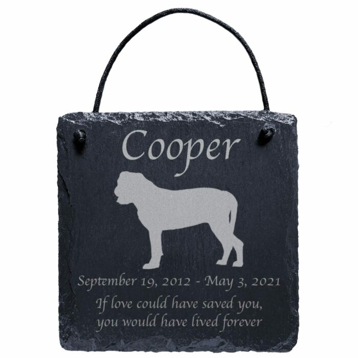 Engraved silhouette memorial slate plaque, cord, Bullmastiff 1