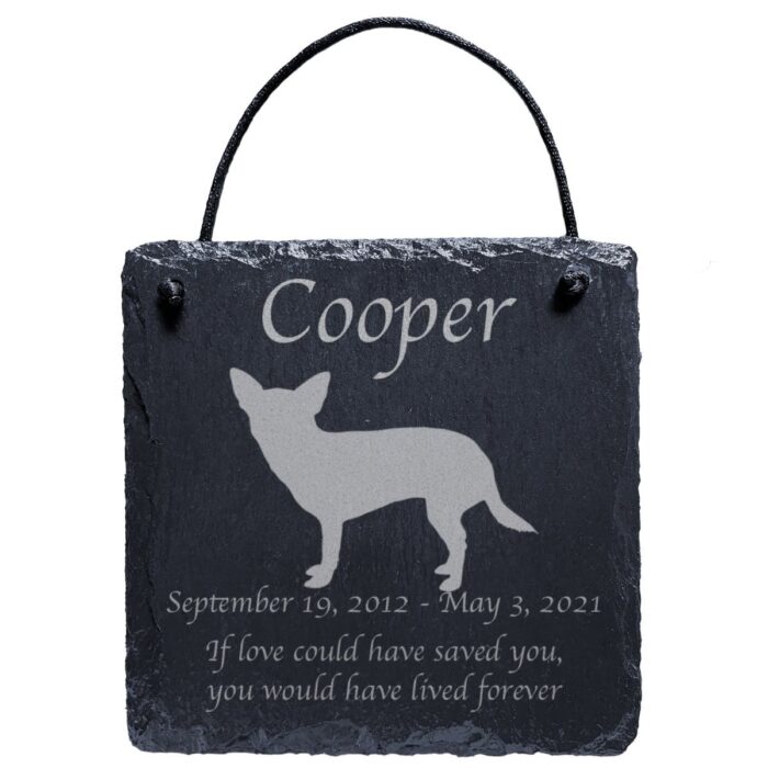 Engraved silhouette memorial slate plaque, cord, Chihuahua 1