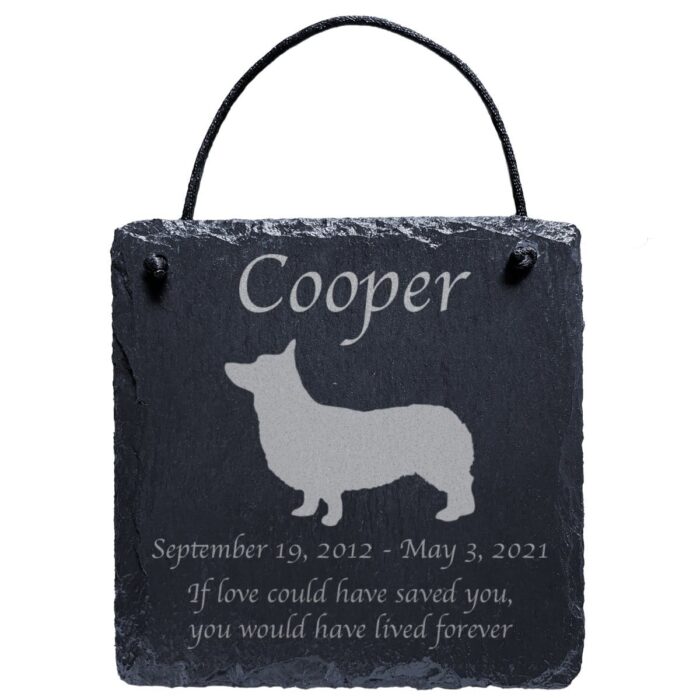 Engraved silhouette memorial slate plaque, cord, Corgi 1