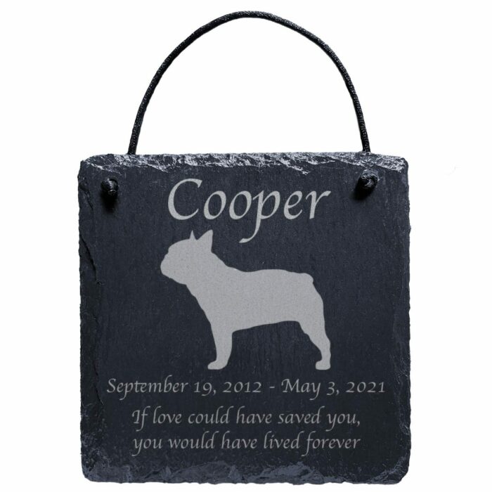 Engraved silhouette memorial slate plaque, cord, French Bulldog 1