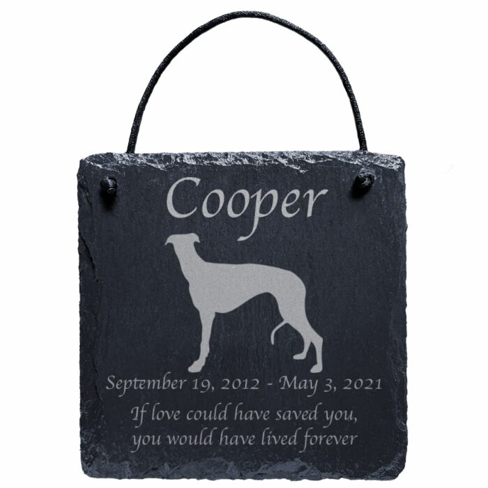 Engraved silhouette memorial slate plaque, cord, Greyhound 1