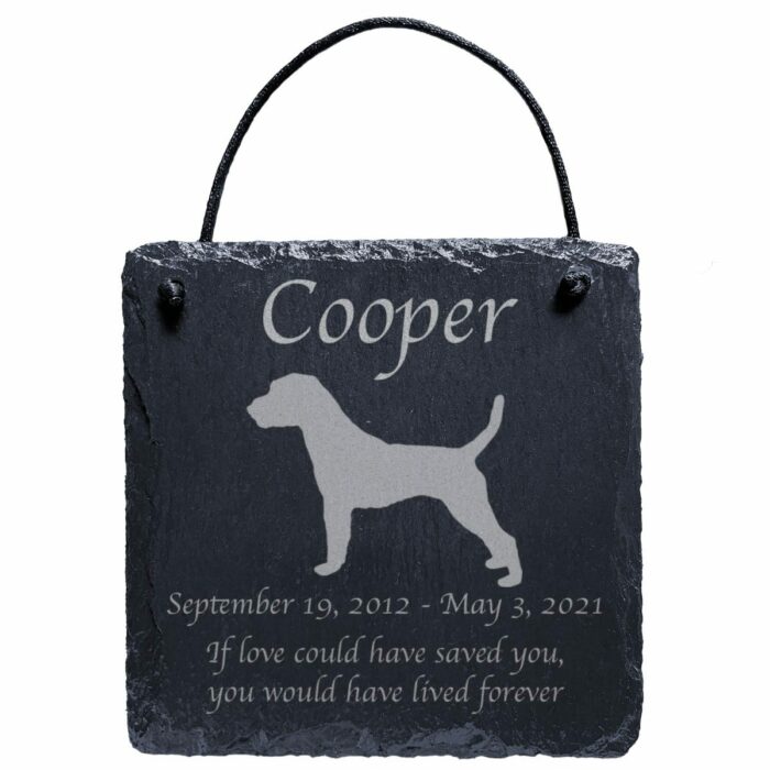 Engraved silhouette memorial slate plaque, cord, Jack Russell Terrier 1