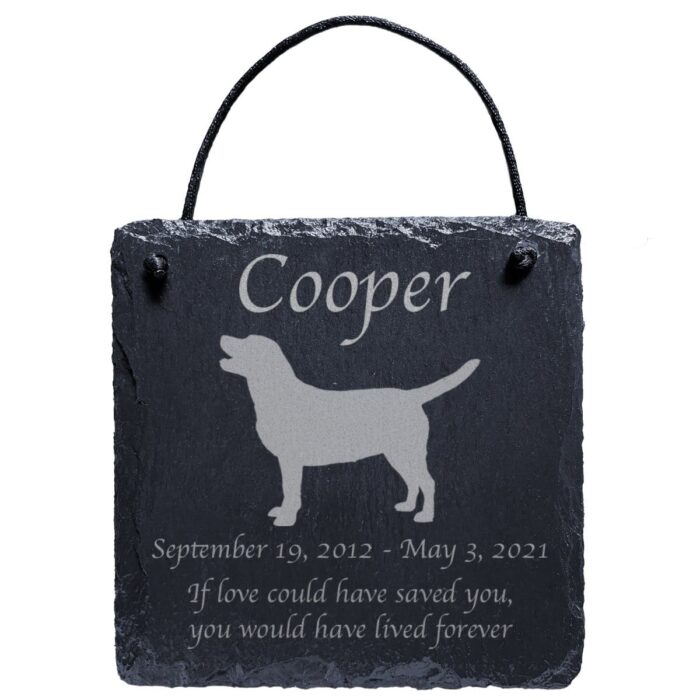 Engraved silhouette memorial slate plaque, cord, Labrador Retriever 1