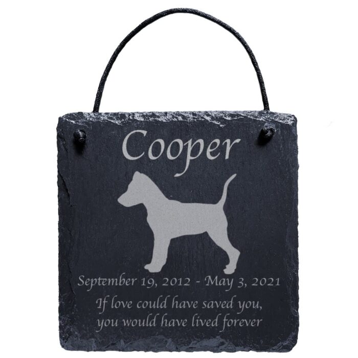 Engraved silhouette memorial slate plaque, cord, Miniature Pinscher 1