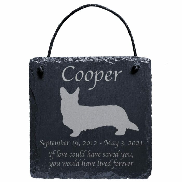 Engraved silhouette memorial slate plaque, cord, Pembroke Welsh Corgi 1