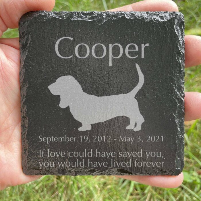 Engraved silhouette memorial slate plaque, Basset Hound 1, grass